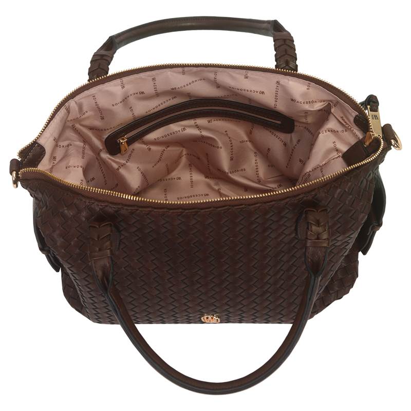 Interior da bolsa baú feminina WJ marrom com forro estampado e bolso interno com zíper